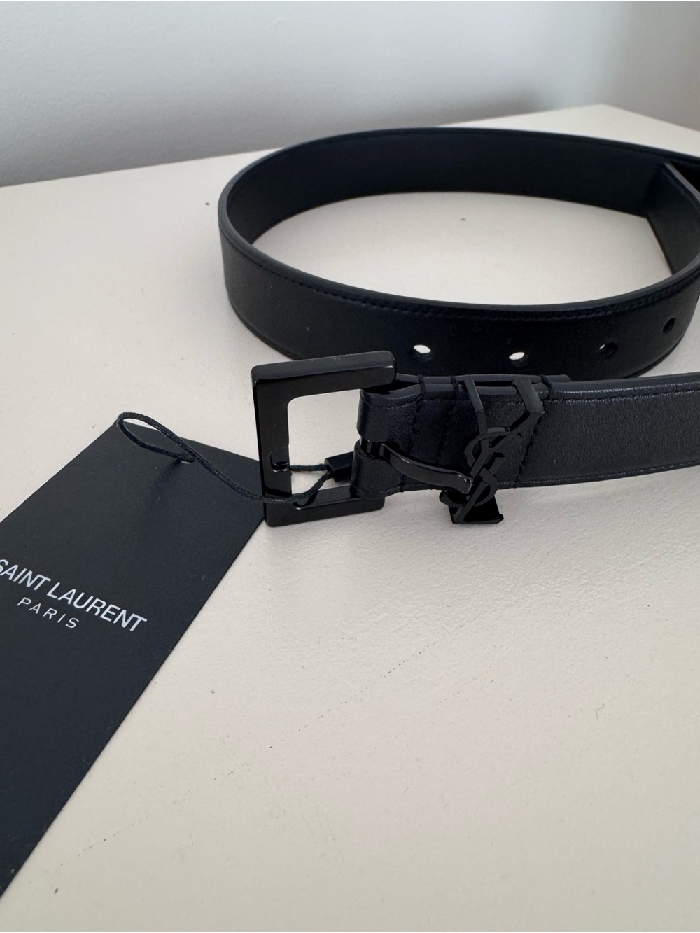 Saint Laurent Black Leather womens Belt with Black Monogram Buckle